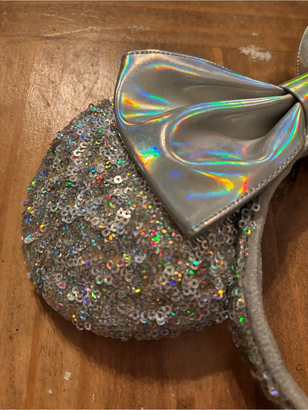 Iridescent Silver Sequin Minnie Ears Headband with Holographic Bow